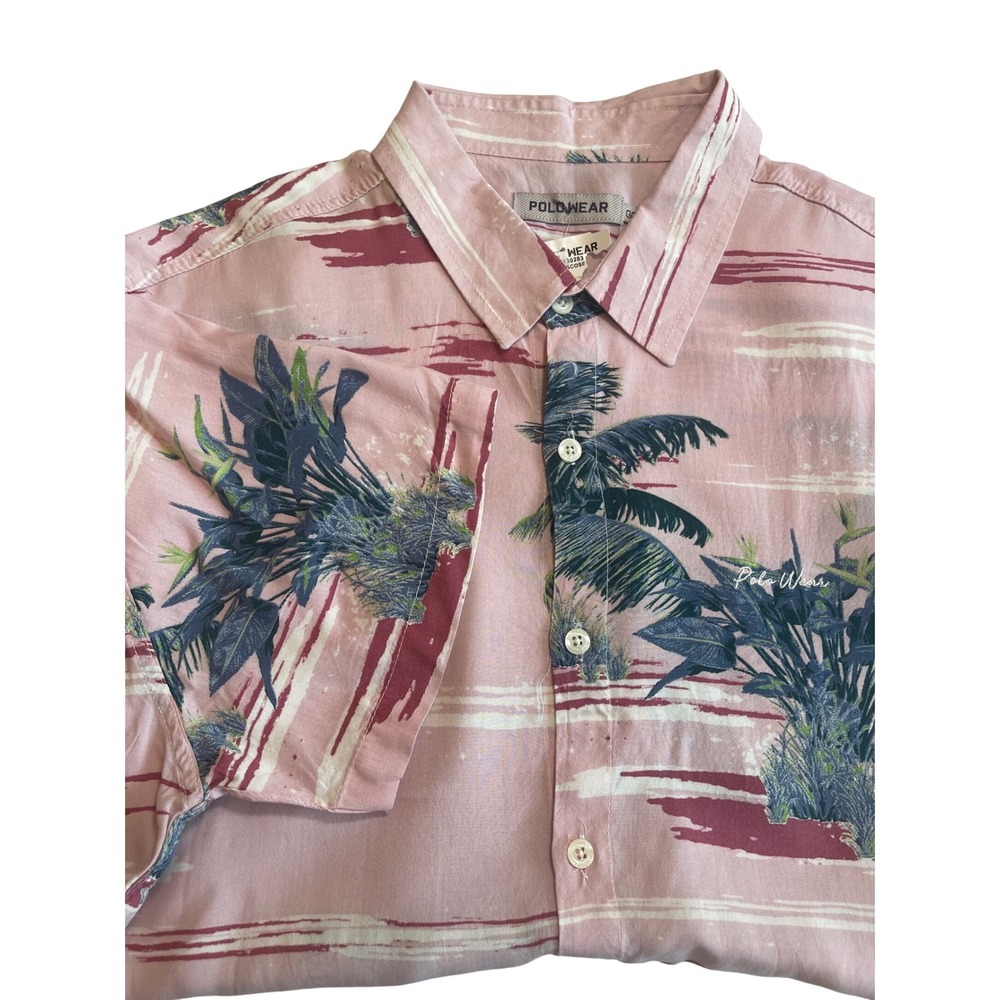 Polo Wear Men's Palm Tree Print Button Down Shirt Short Sleeve Pink‎ XL
